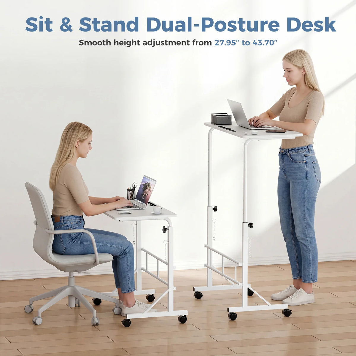 JHK 31.5" Adjustable Height Mobile Desk with Locking Wheels Pin-Lock Portable Computer Desk Laptop Workstation for Walking Pad Active Home Office