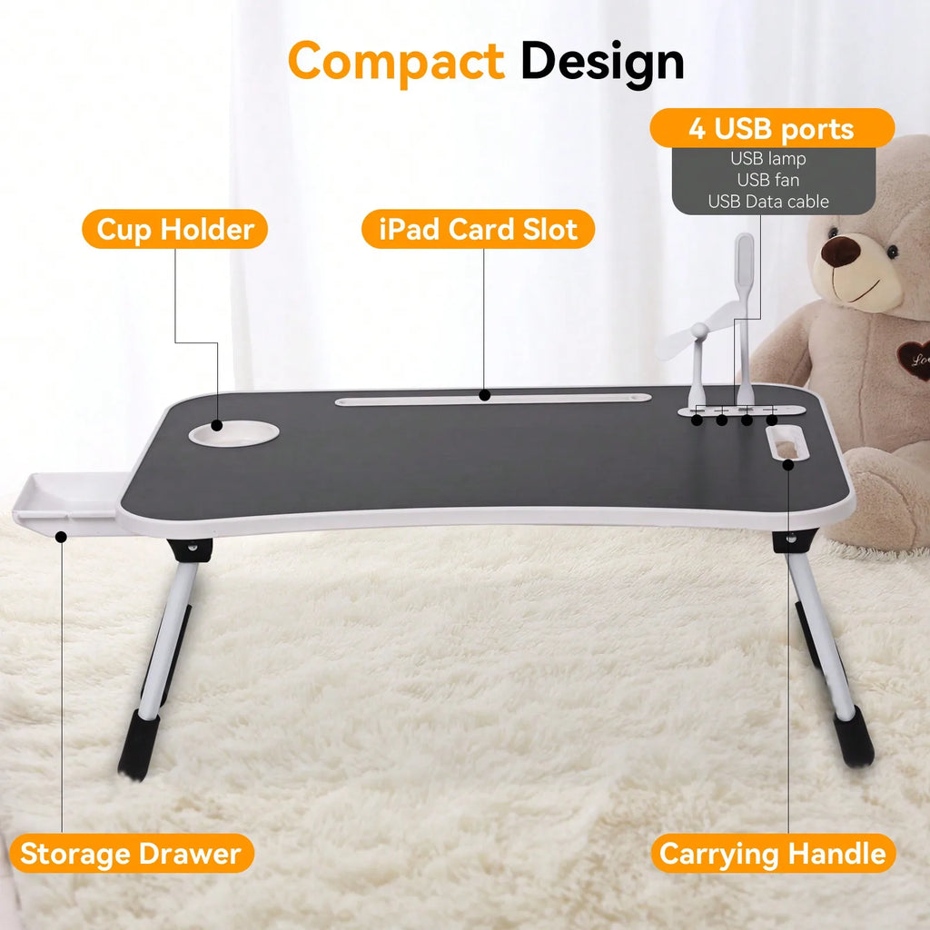 Laptop Bed Desk, Portable Foldable Laptop Table With USB Charging Port, Cup Holder & Storage Drawer, Lap Desk Tray For Bed, Sofa