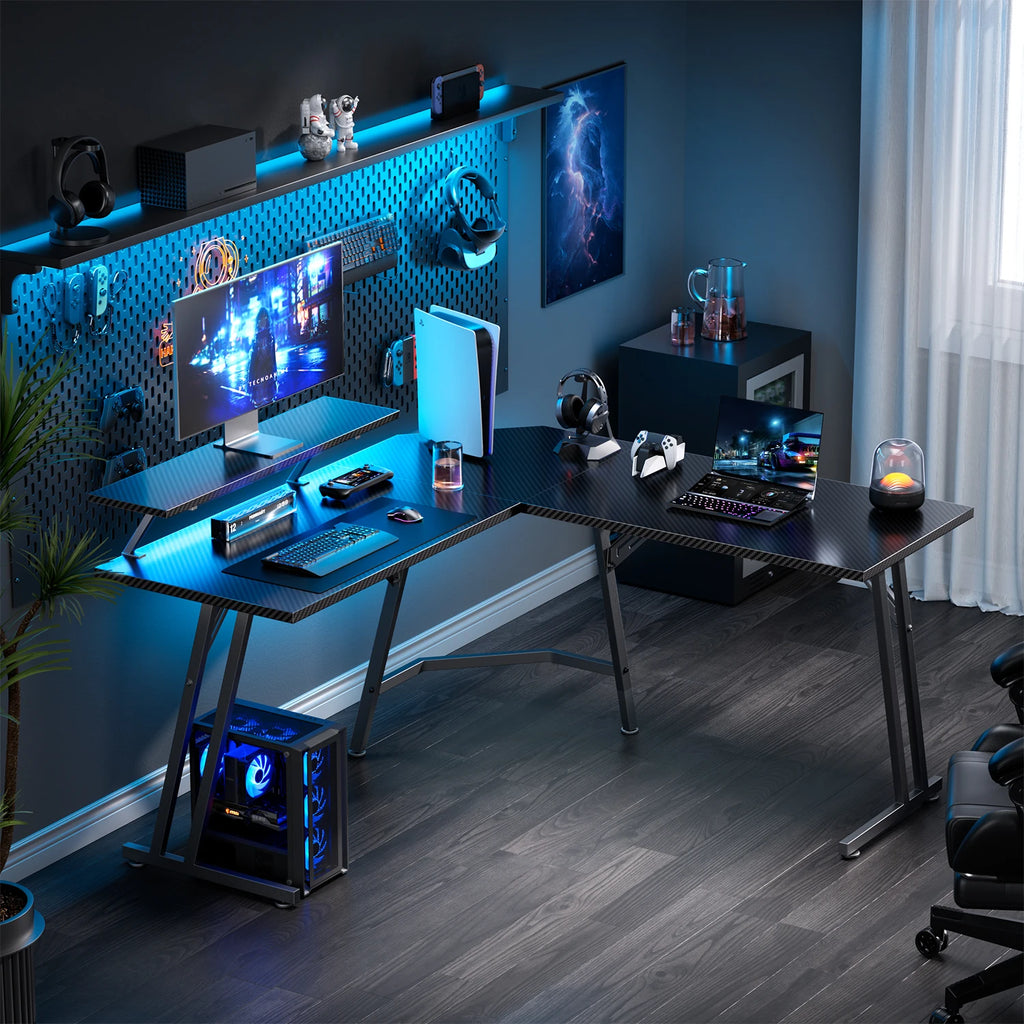 L-Shaped Gaming Desk with LED Lights and Monitor Stand, Corner Computer Desk with Carbon Fiber Surface, PC Table Easy Assembly for Home Office, Gaming & Streaming