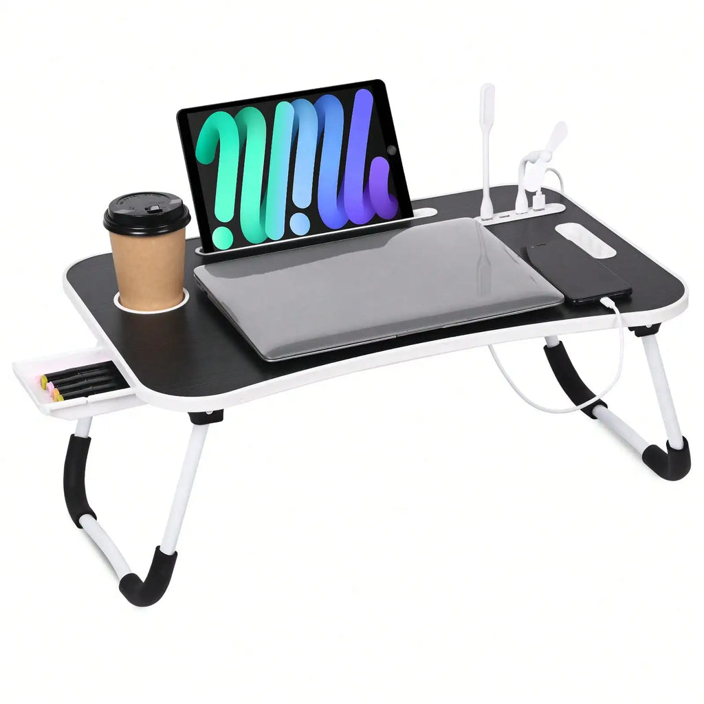 Laptop Bed Desk, Portable Foldable Laptop Table With USB Charging Port, Cup Holder & Storage Drawer, Lap Desk Tray For Bed, Sofa