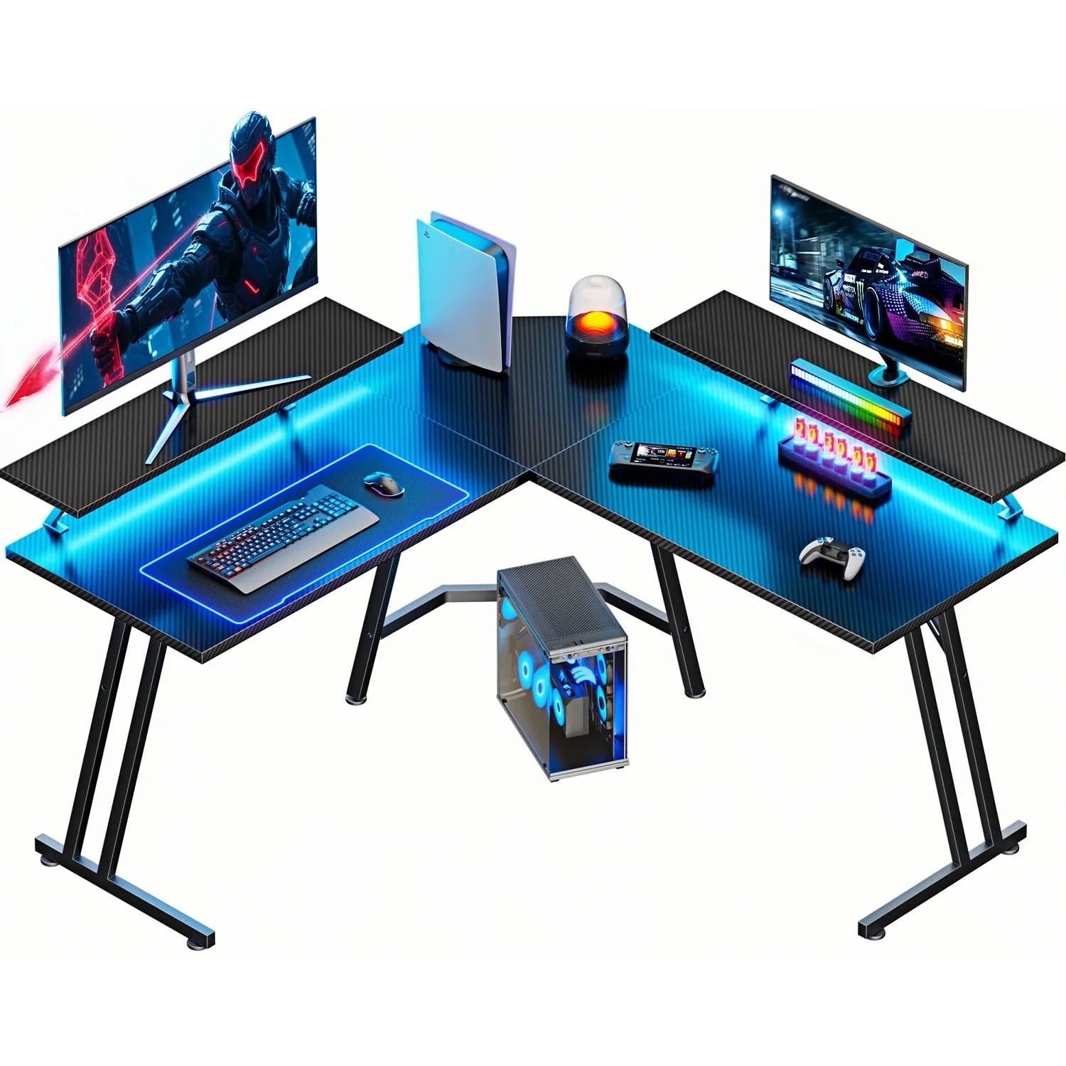 L-Shaped Gaming Desk with LED Lights and Monitor Stand, Corner Computer Desk with Carbon Fiber Surface, PC Table Easy Assembly for Home Office, Gaming & Streaming