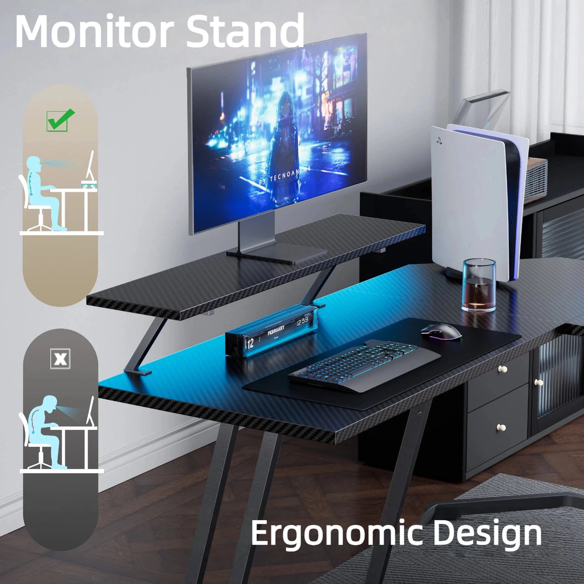 L-Shaped Gaming Desk with LED Lights and Monitor Stand, Corner Computer Desk with Carbon Fiber Surface, PC Table Easy Assembly for Home Office, Gaming & Streaming