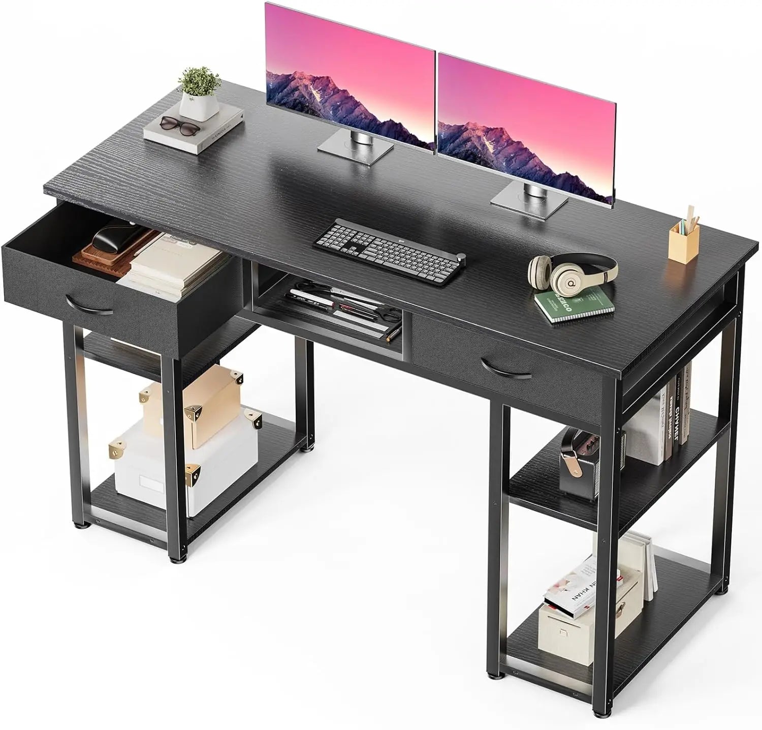 48" Small Computer Desk with Drawers & Storage Shelf, Compact Writing Table for Home Office, Gaming, Metal Frame Black