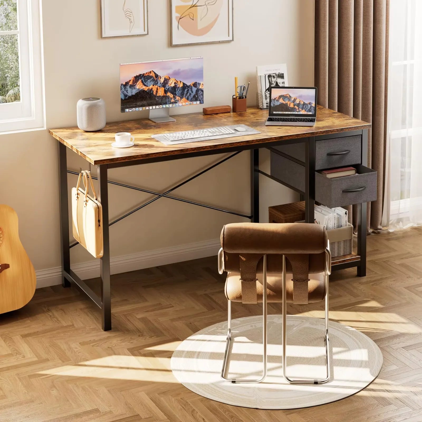 JHK 47IN Computer Desk with 2 Drawers For Study Office Gaming Wood Table with Adjustable Position Drawers Modern Work Table