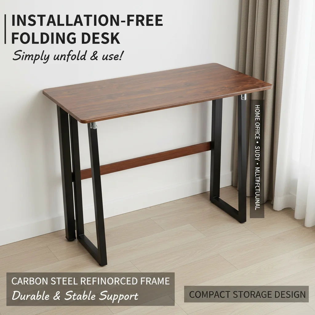 100x49x75cm Foldable Table Carbon Steel + Particle Board, Space Saving Folding Desk for Home Office Laptop Writing, Brown